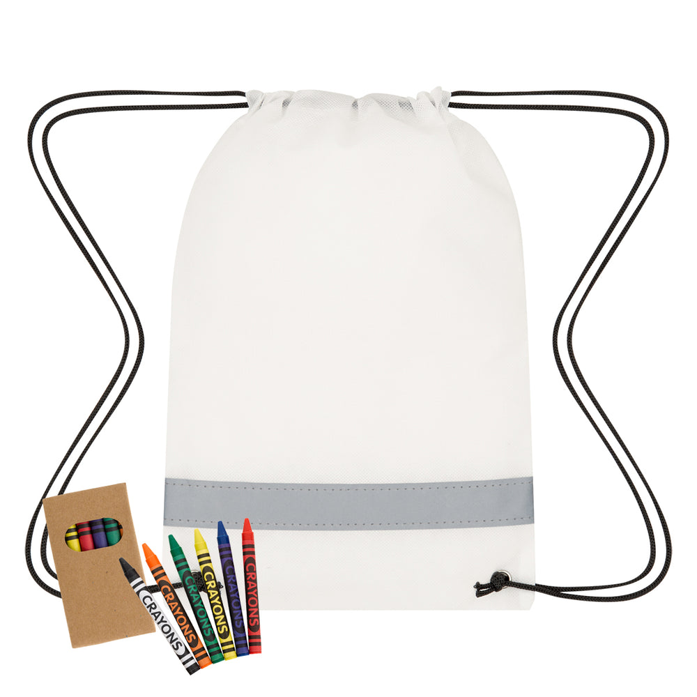 Lil' Bit Reflective Non-Woven Coloring Drawstring Bag With Crayons